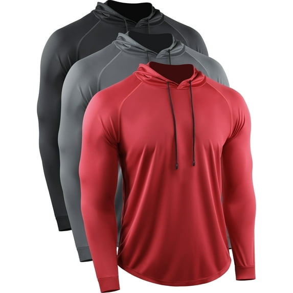 Cadmus Men's Dry Fit Long-Sleeved Shirts Lightweight Breathable Mesh fabric Hoodies for Workout,Hiking, Fishing, 37#,3 pack, Black,Grey, Red, Medium