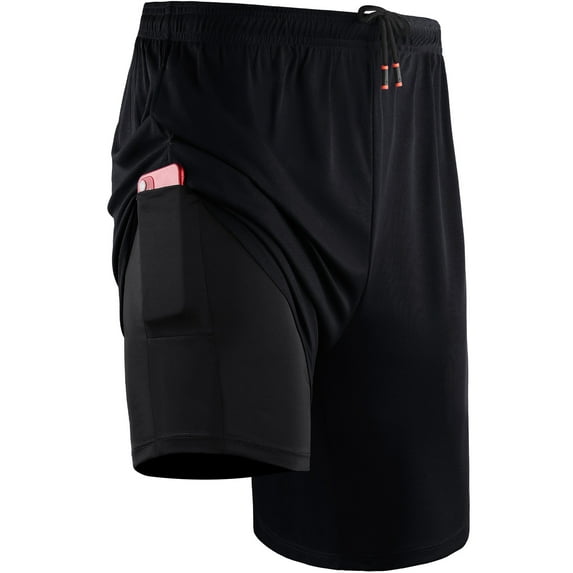 Cadmus Mens 2-in-1 Dry Fit Running Shorts with Liner, 9" Inseam Gym Basketball Shorts, Deep Pockets,#50, Black,2XL