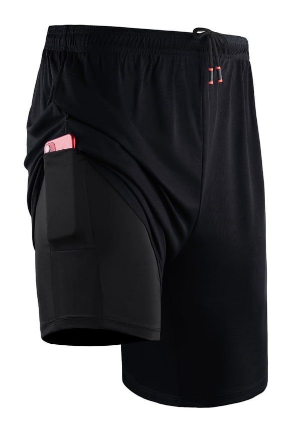 Mens 2-in-1 Dry Fit Running Shorts with Liner, 9" Inseam Gym Basketball Shorts, Deep Pockets,#50, Black,2XL