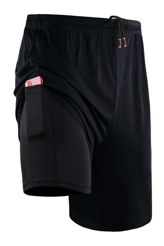 Mens 2-in-1 Dry Fit Running Shorts with Liner, 9" Inseam Gym Basketball Shorts, Deep Pockets,#50, Black,L