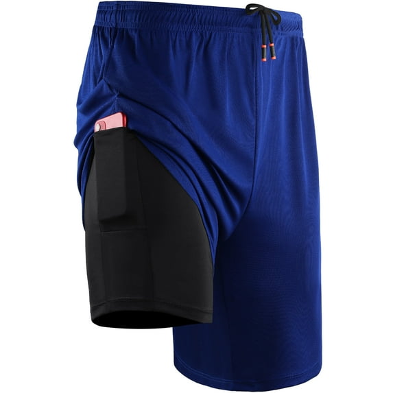 Cadmus Mens 2-in-1 Dry Fit Running Shorts with Liner, 9" Inseam Gym Basketball Shorts, Deep Pockets,#50, Blue,S
