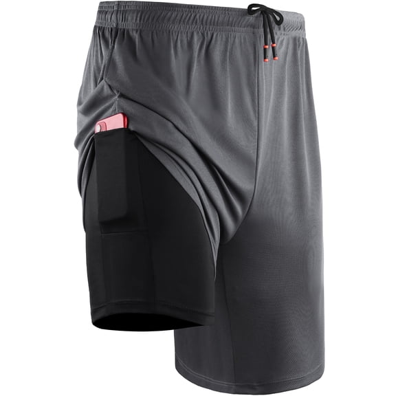Cadmus Mens 2-in-1 Dry Fit Running Shorts with Liner, 9" Inseam Gym Basketball Shorts, Deep Pockets,#50, Grey,M