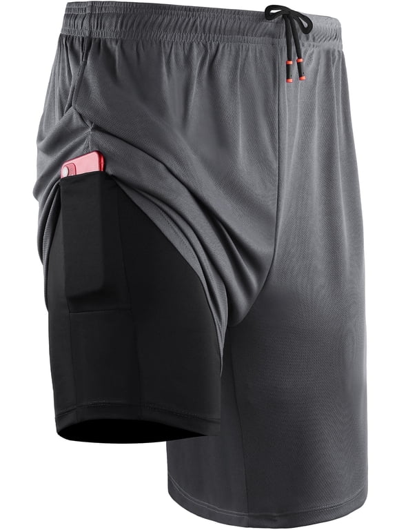 Mens 2-in-1 Dry Fit Running Shorts with Liner, 9" Inseam Gym Basketball Shorts, Deep Pockets,#50, Grey,M