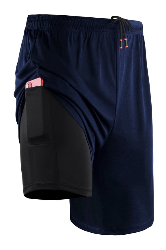 Mens 2-in-1 Dry Fit Running Shorts with Liner, 9" Inseam Gym Basketball Shorts, Deep Pockets,#50, Navy Blue,L