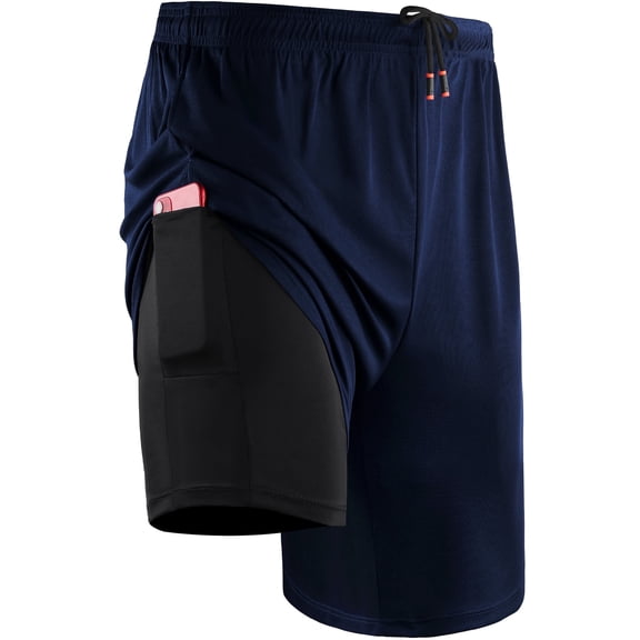 Cadmus Mens 2-in-1 Dry Fit Running Shorts with Liner, 9" Inseam Gym Basketball Shorts, Deep Pockets,#50, Navy Blue,S