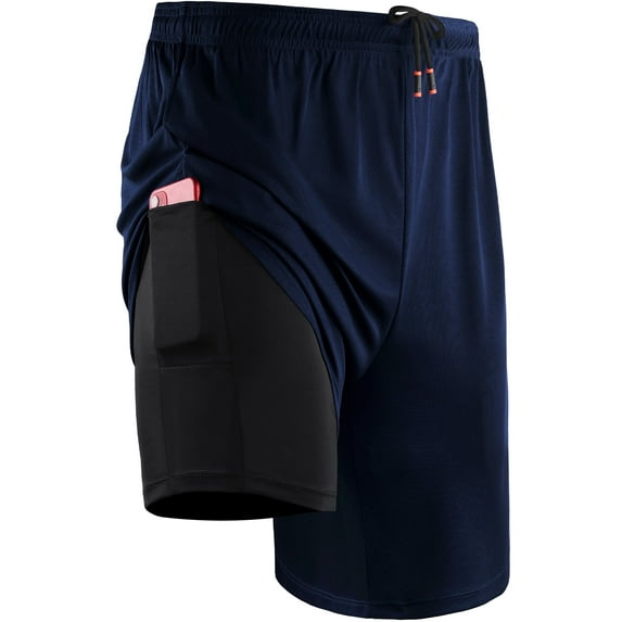 Cadmus Mens 2-in-1 Dry Fit Running Shorts with Liner, 9" Inseam Gym Basketball Shorts, Deep Pockets,#50, Navy Blue,XL
