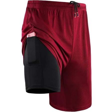 Cadmus Mens 2-in-1 Dry Fit Running Shorts with Liner, 9" Inseam Gym Basketball Shorts, Deep Pockets,#50, Red,L
