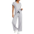 thumbnail image 1 of Cadmus 2-Piece Sets for Women Short Sleeve Tops Wide Leg Pants with Pockets, Light Grey, XL, 1 of 9