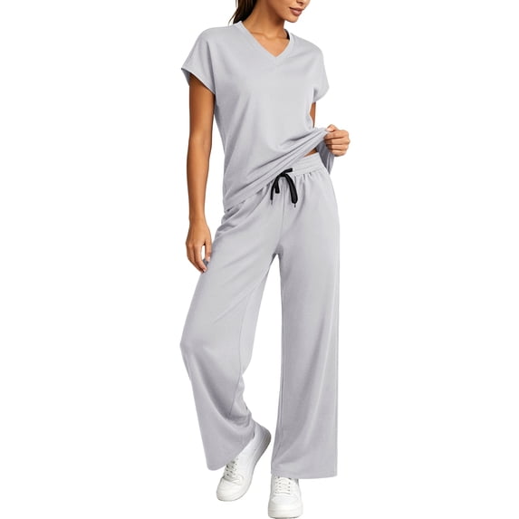 Cadmus 2-Piece Sets for Women Short Sleeve Tops Wide Leg Pants with Pockets, Light Grey, XL