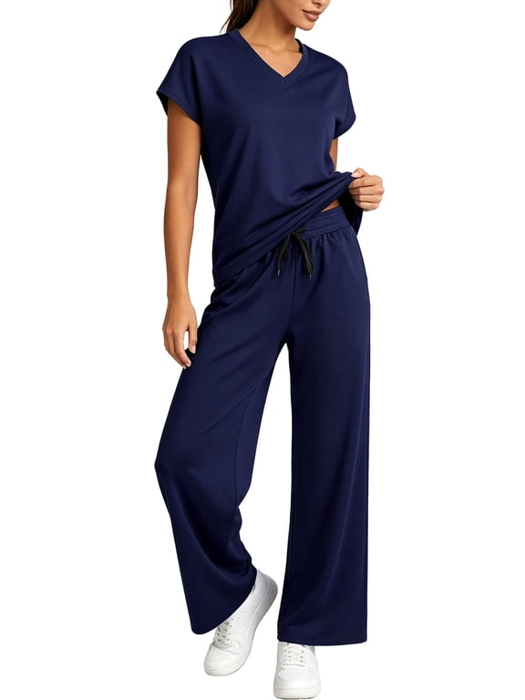 2-Piece Sets for Women Short Sleeve Tops Wide Leg Pants with Pockets, Navy Blue, M