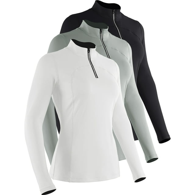 Cadmus Women's 3-Pack Compression Long Sleeve Shirts 1/4 Zip Stand-up Collar Sun Protection Quick Dry Workout Hiking Yoga Athletic Running Shirts Rash Guard,#22,(Black,Grey,White), M
