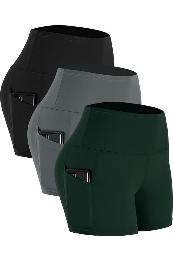 Women's 3 Pack High Waist Athletic Shorts Yoga Spandex Gym Workout Shorts with Pockets,Grey,Black,Dark Green,Large