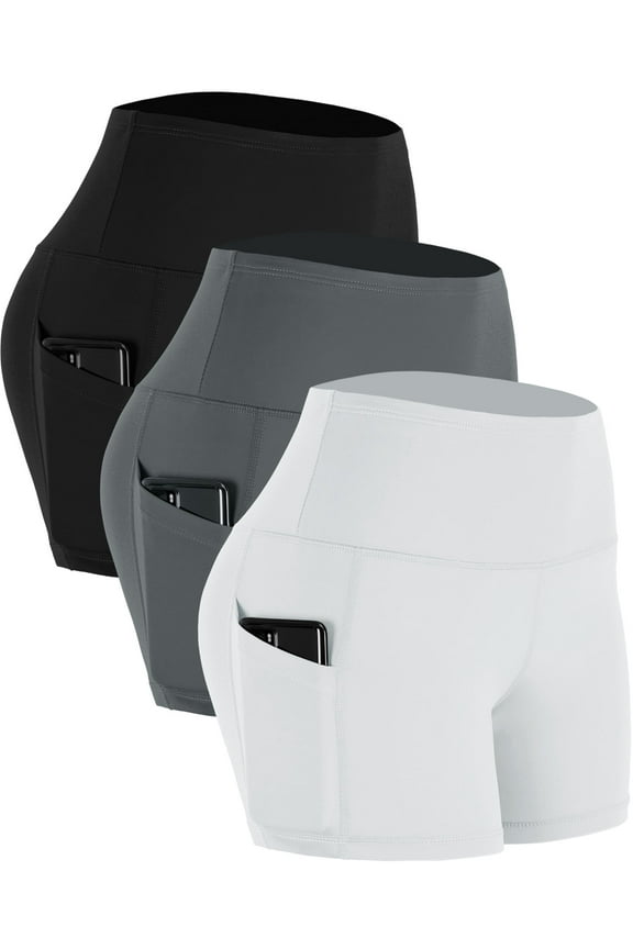 Women's 3 Pack High Waist Athletic Shorts Yoga Spandex Gym Workout Shorts with Pockets,Grey,Black,White,Large