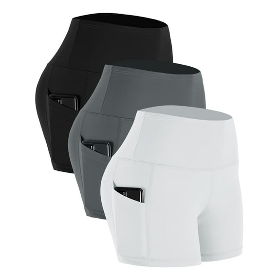 Cadmus Women's 3 Pack High Waist Athletic Shorts Yoga Spandex Gym Workout Shorts with Pockets,Grey,Black,White,Small