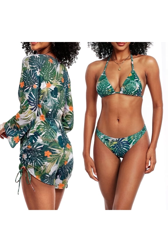 Women's 3 Piece Swimsuits Tropical Print Bikini Set with Cover Up,010, Medium