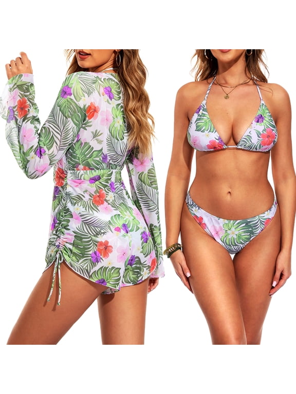 Women's 3 Piece Swimsuits Tropical Print Bikini Set with Cover Up,010, Medium