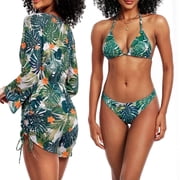 Cadmus Womens 3 Piece Swimsuits Tropical Print Bikini Set with Cover Up,010, Small