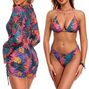 Cadmus Womens 3 Piece Swimsuits Tropical Print Bikini Set with Cover Up,010, X-Large