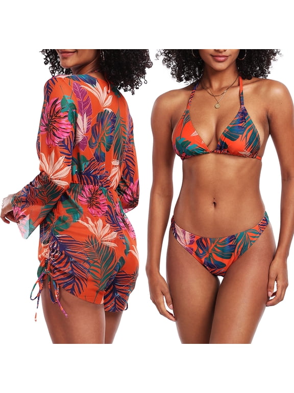Women's 3 Piece Swimsuits Tropical Print Bikini Set with Cover Up,010, X-Large