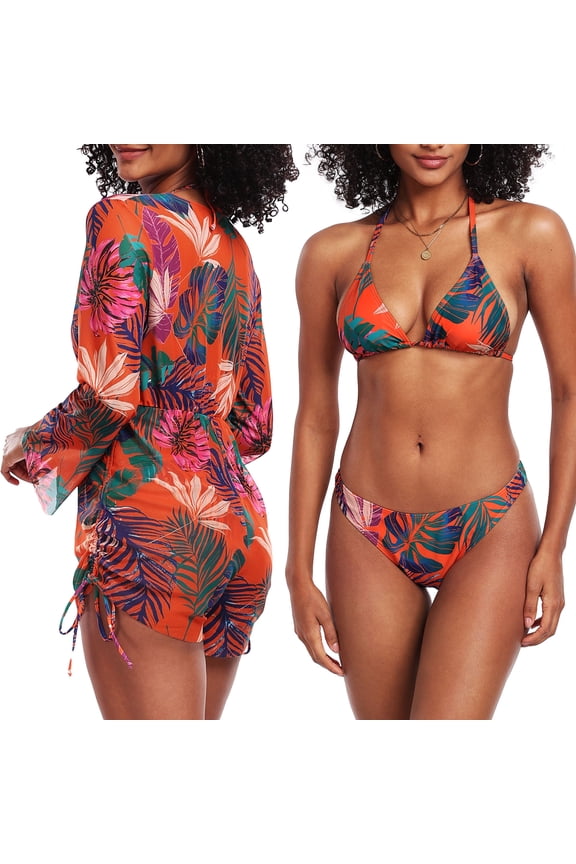 Women's 3 Piece Swimsuits Tropical Print Bikini Set with Cover Up,010, X-Large