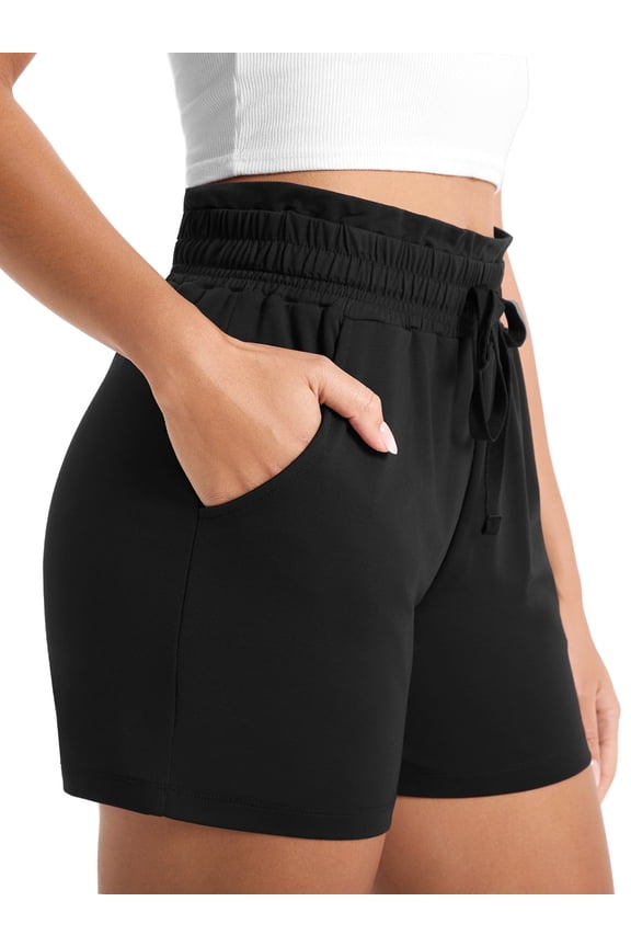 Women's 4" Inseam Summer Performance Shorts Comfy Drawstring Running Athletic Shorts with Pockets,Black,Large