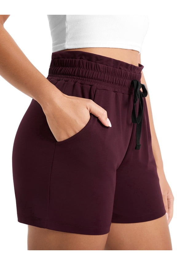 Women's 4" Inseam Summer Performance Shorts Comfy Drawstring Running Athletic Shorts with Pockets,Wine Red,Small