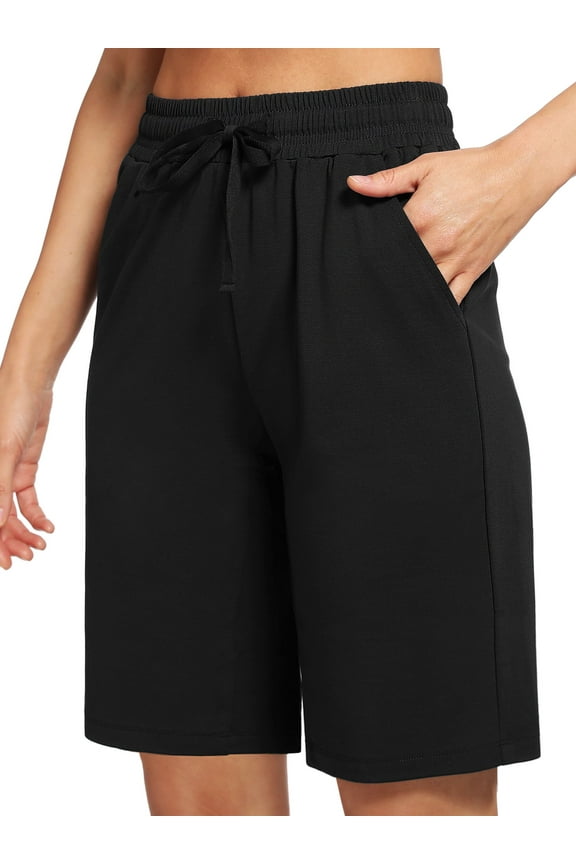 Women's 9'' Bermuda Shorts Casual Loose Comfy Drawstring Athletic Shorts with Pockets,Black,Large
