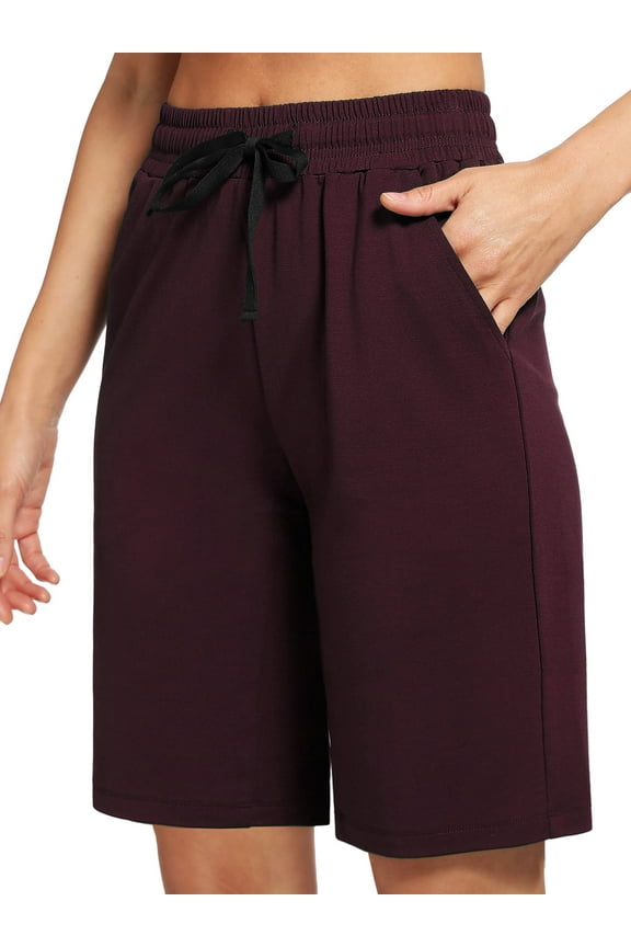 Women's 9'' Bermuda Shorts Casual Loose Comfy Drawstring Athletic Shorts with Pockets,Wine Red,Small
