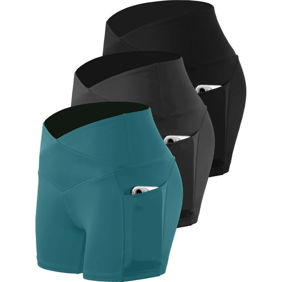 Cadmus Women's High Waist Tummy Control Yoga Shorts Spandex Compression Biker Shorts Side Pockets,3 Pack