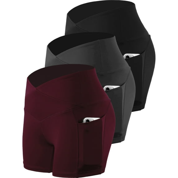 Cadmus Women's High Waist Tummy Control Yoga Shorts Spandex Compression Biker Shorts Side Pockets,3 Pack