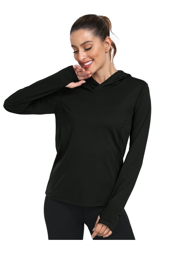 Women's Workout Long Sleeve shirts Sun Protection Dry Fit Athletic Running Tops Hooded with Thumb Hole,Black,Medium