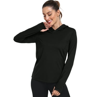 Cadmus Women's Workout Long Sleeve shirts Sun Protection Dry Fit Athletic Running Tops Hooded with Thumb Hole,Black,Small