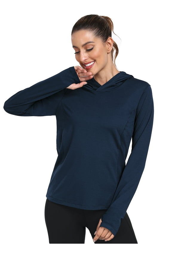 Women's Workout Long Sleeve shirts Sun Protection Dry Fit Athletic Running Tops Hooded with Thumb Hole,Navy,XX-Large
