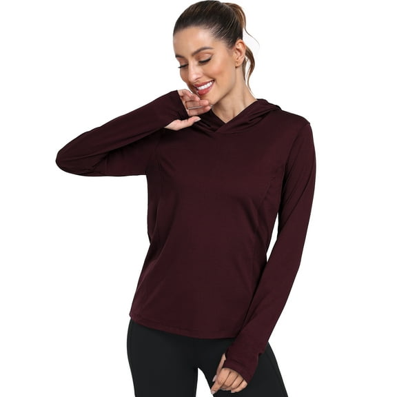 Cadmus Women's Workout Long Sleeve shirts Sun Protection Dry Fit Athletic Running Tops Hooded with Thumb Hole,Wine Red,Medium