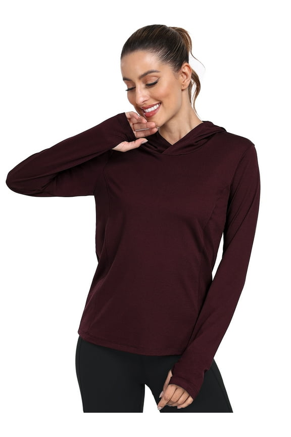 Women's Workout Long Sleeve shirts Sun Protection Dry Fit Athletic Running Tops Hooded with Thumb Hole,Wine Red,XX-Large