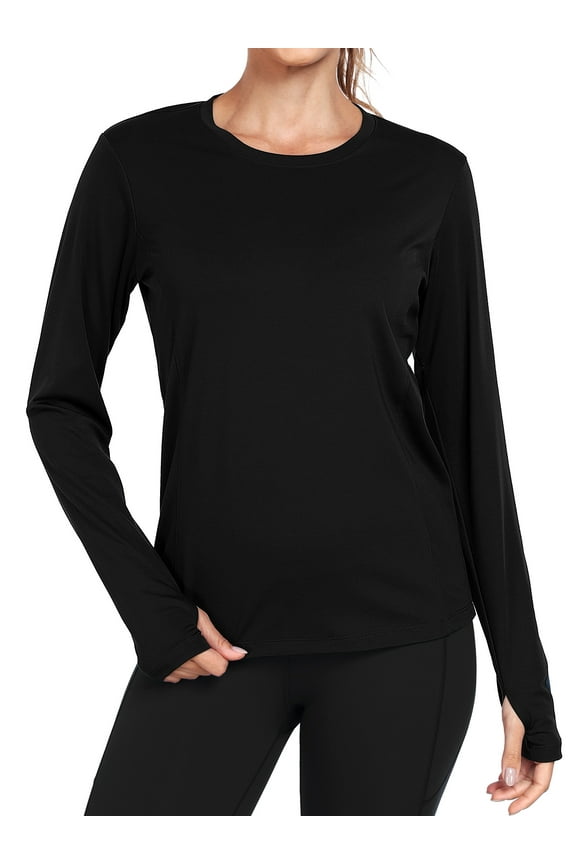 Women's Quick Dry Long Sleeve Shirts Athletic Yoga Tops Casual Sun Protection Running Shirt with Thumb Hole,Black,Small
