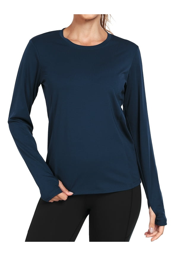 Women's Quick Dry Long Sleeve Shirts Athletic Yoga Tops Casual Sun Protection Running Shirt with Thumb Hole,Navy,X-Large
