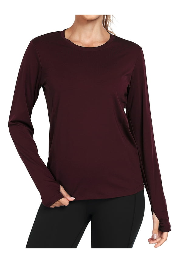 Women's Quick Dry Long Sleeve Shirts Athletic Yoga Tops Casual Sun Protection Running Shirt with Thumb Hole,Wine Red,Medium