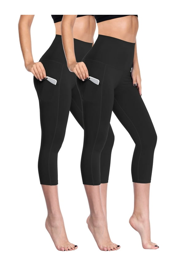 Womens 2 Pack High Waist Tummy Control Capri Yoga Leggings with Pockets, Black & Black, L