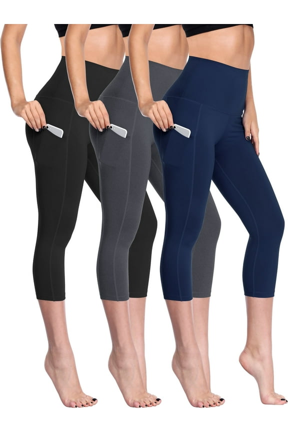 Womens 3 Pack High Waist Tummy Control Capri Yoga Leggings with Pockets, Black & Grey & Navy Blue, 2XL