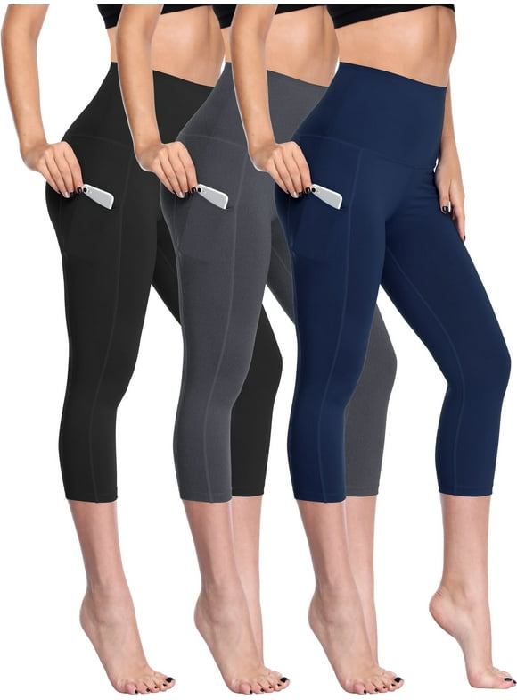 Womens 3 Pack High Waist Tummy Control Capri Yoga Leggings with Pockets, Black & Grey & Navy Blue, 2XL
