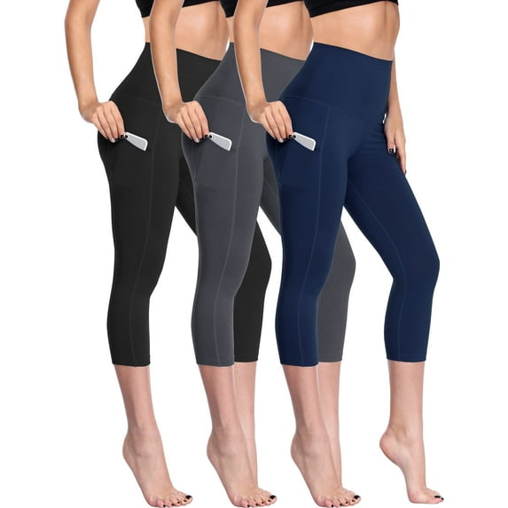Cadmus Womens 3 Pack High Waist Tummy Control Capri Yoga Leggings with Pockets, Black & Grey & Navy Blue S