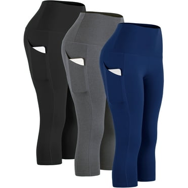 Cadmus Women's Slim-Leg Capri Leggings, High Waisted Workout Running Yoga Pants with Pockets 3 Pack, Black,Grey,Navy Blue, XL