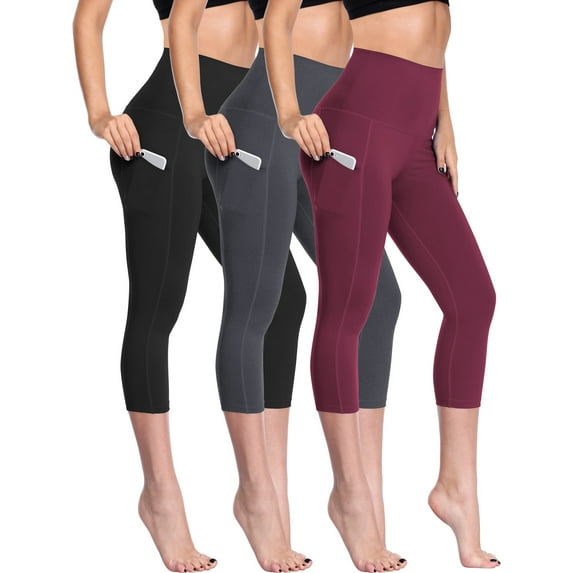 Cadmus Womens 3 Pack High Waist Tummy Control Capri Yoga Leggings with Pockets, Black & Grey & Wine Red, M