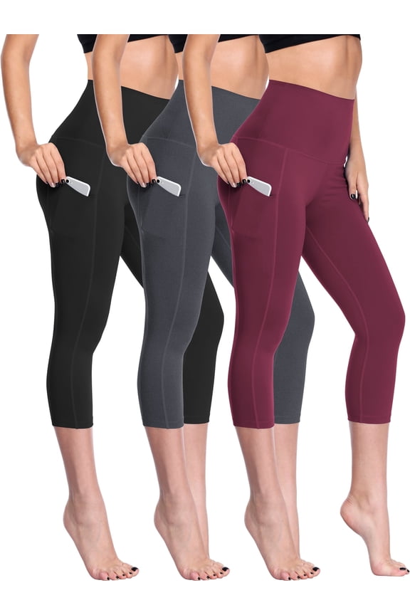 Womens 3 Pack High Waist Tummy Control Capri Yoga Leggings with Pockets, Black & Grey & Wine Red, XL