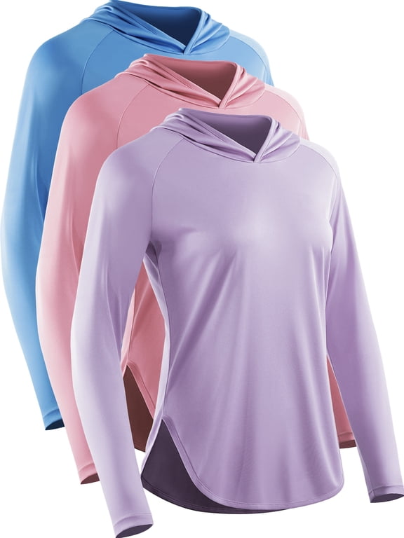 Women's Plus Size 3 Pack Workout Long Sleeve shirts UPF 50+ Sun Protection Dry Fit Running Shirts with Hoods,Blue ,Pink, Purple