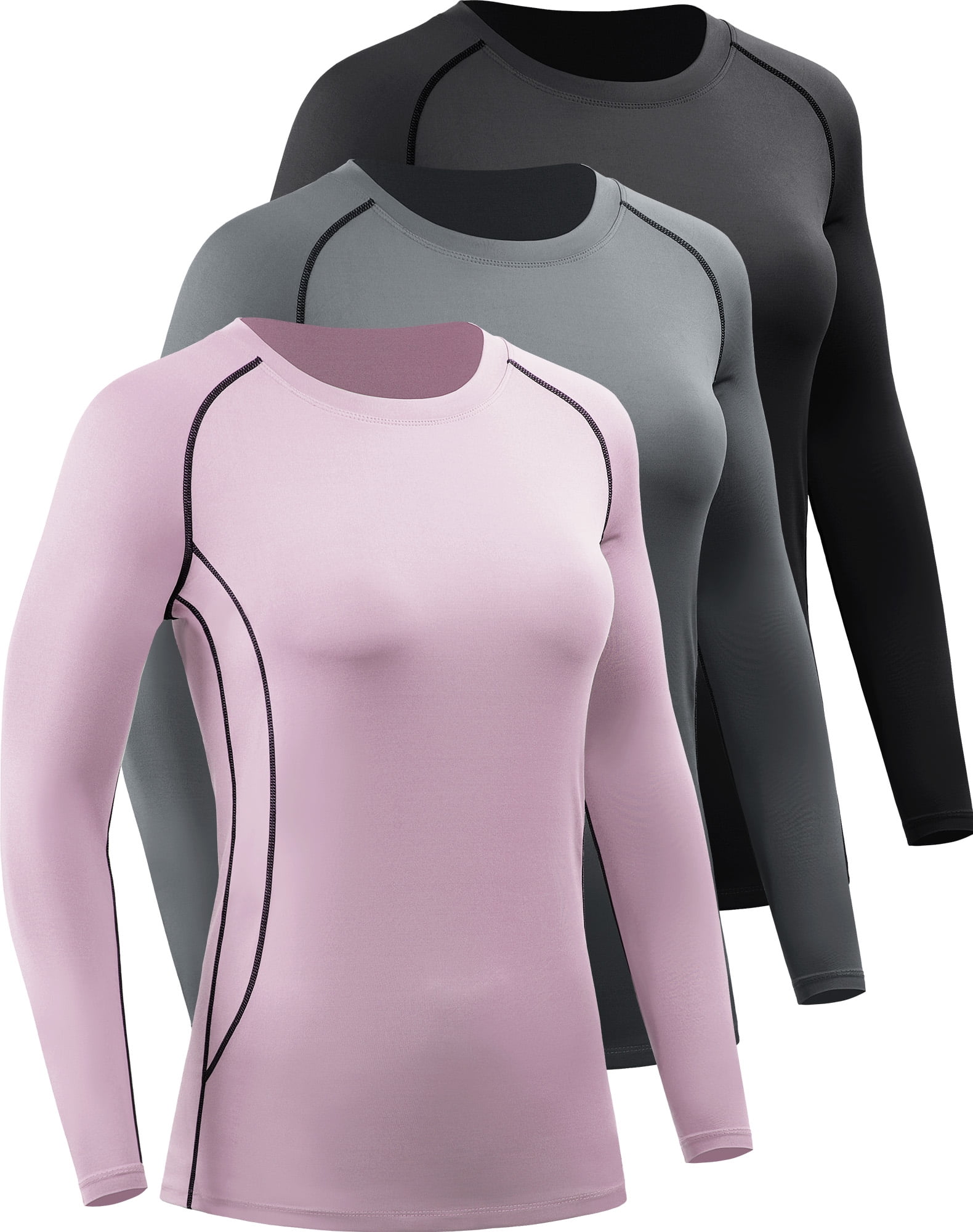 Cadmus Women's Compression Long Sleeve Shirts for Running Hiking Tights, 3  Pack, Black & Grey & Dark Red, XL 