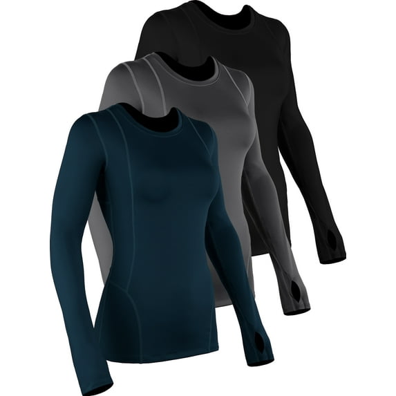 Cadmus Women's Workout Long Sleeve Shirts for Yoga Athletic Running Shirt Dry Fit 3-Pack T-Shirts,Black, Grey, Navy Blue,XX-Large