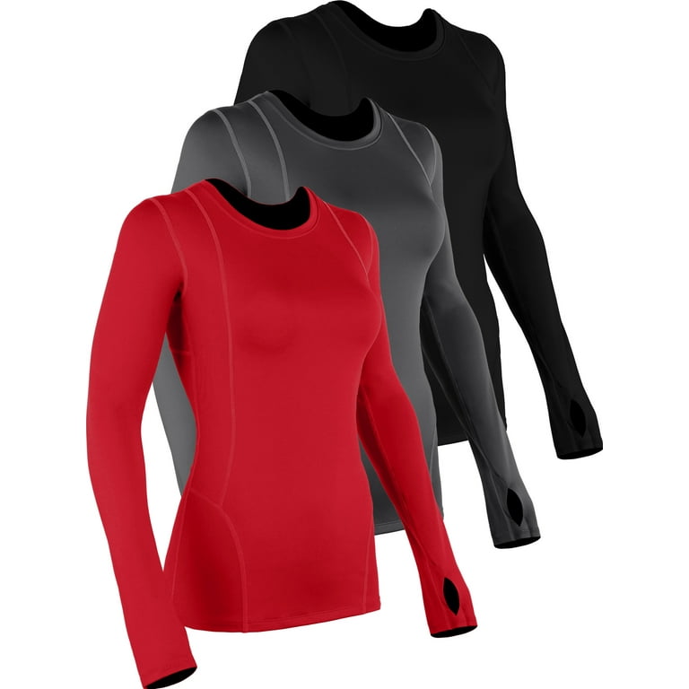 Cadmus Women's Compression Long Sleeve Shirts for Running Hiking Tights, 3  Pack, Black & Grey & Dark Red, XL 