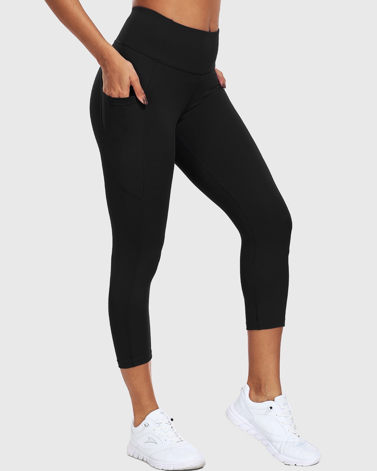 Cadmus Naked Feeling High Waist Capri Yoga Leggings for Women, Tummy Control Workout Pants with Pockets,#53, Black, 2XL
